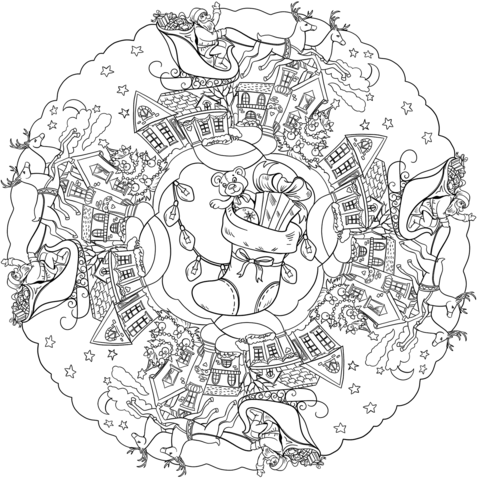 Mandala With Christmas Stocking, Santa And Deers Coloring Page